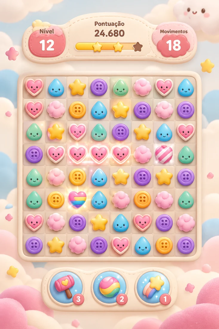 Concept art of the board screen with level 12, a score of 24,680 and 18 moves left