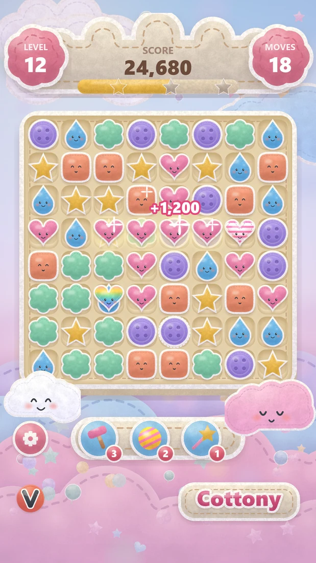 The Cottony board screen drawn with the game’s generated plush art, with a +1,200 score popup