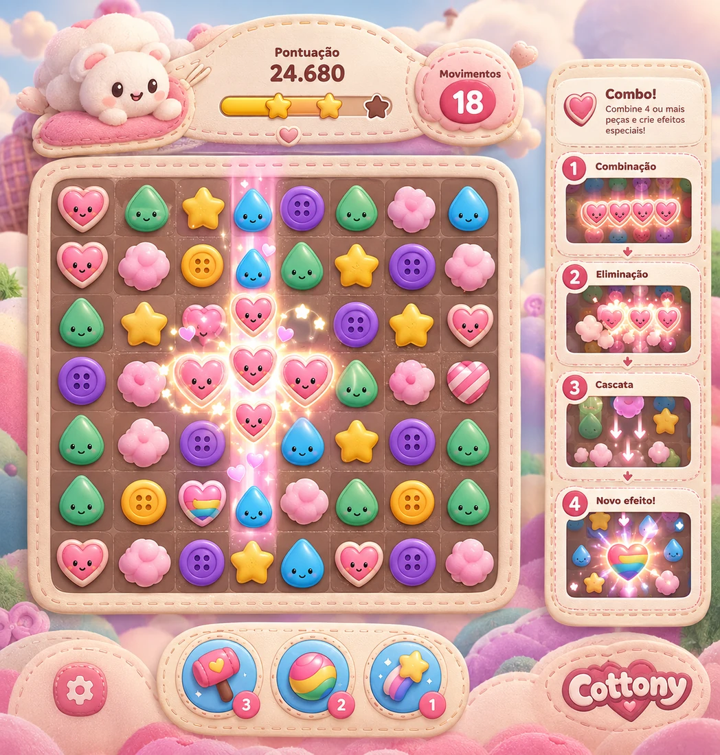 Concept art of a combo: four hearts matched in a line, clearing, a cascade and a new rainbow heart