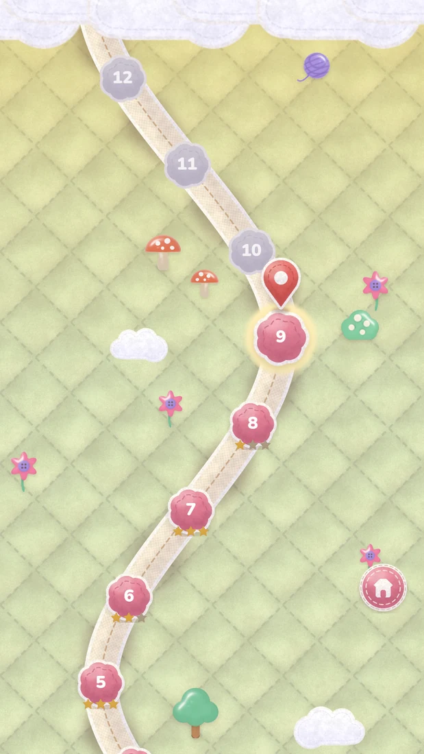 The Cottony level map: a felt road climbing a quilted field past cleared stops with their stars to the pin on level 9, with locked stops under a bank of clouds