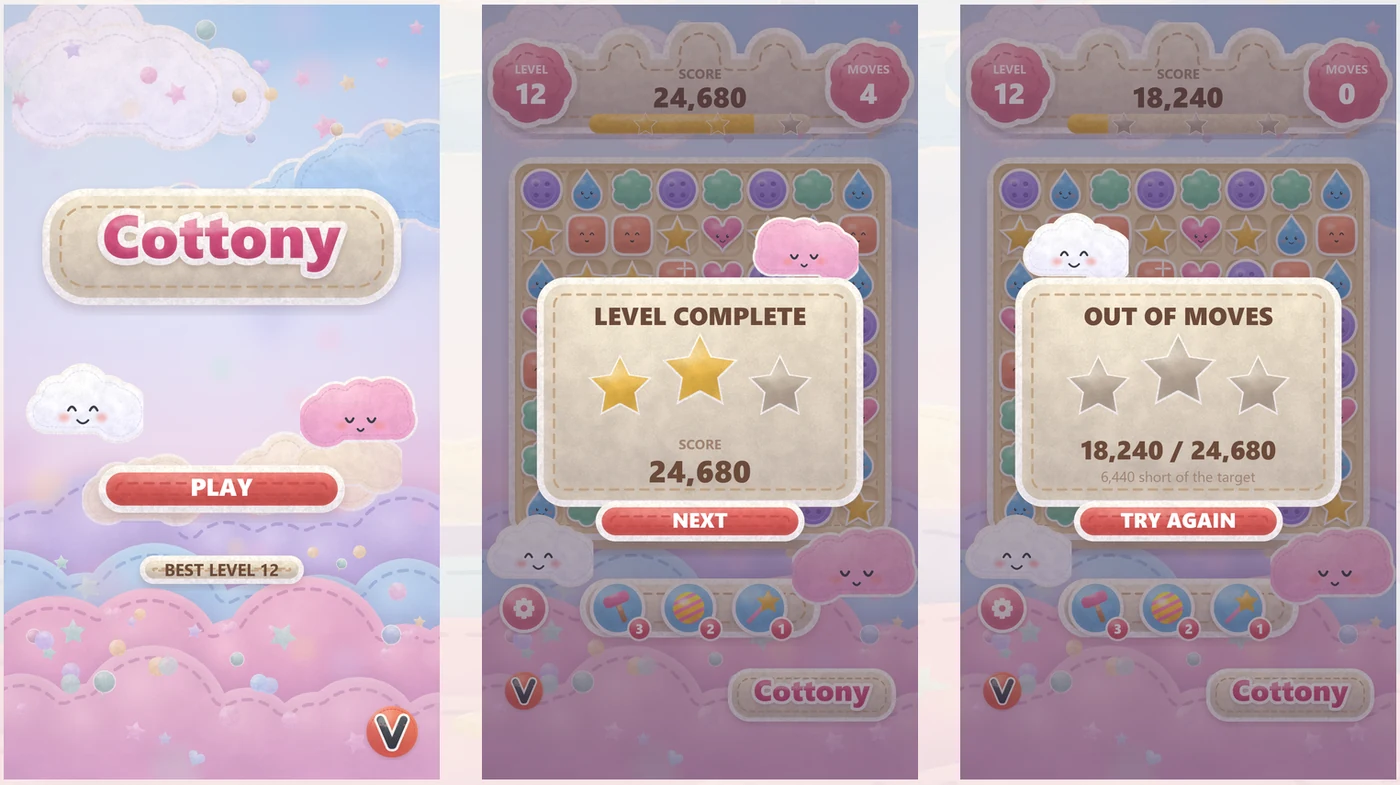 Three work-in-progress screens: the title screen, a level-complete card with two stars and an out-of-moves card
