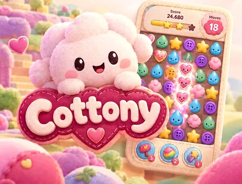 Cottony’s fluffy cloud mascot hugging the Cottony heart logo, beside a phone showing the plush match-3 board